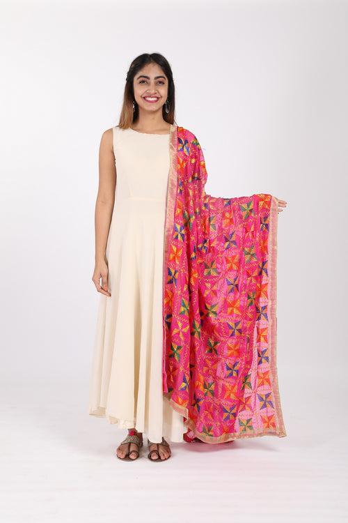 Pink Phulkari Pakha Embroidered Chiffon Dupatta