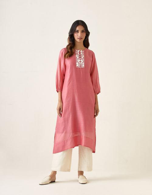 Embroidered A line Chanderi kurta in Rose Pink, with Off White Pants and Slip (Set of 3)