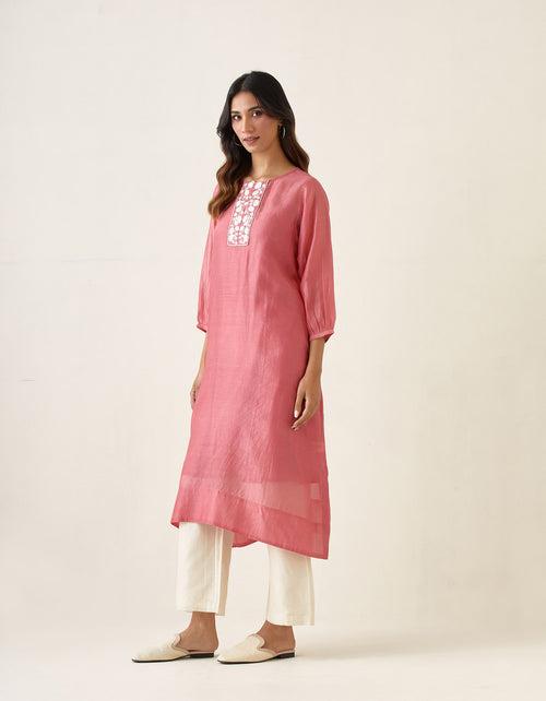 Embroidered A line Chanderi kurta in Rose Pink, with Off White Pants and Slip (Set of 3)