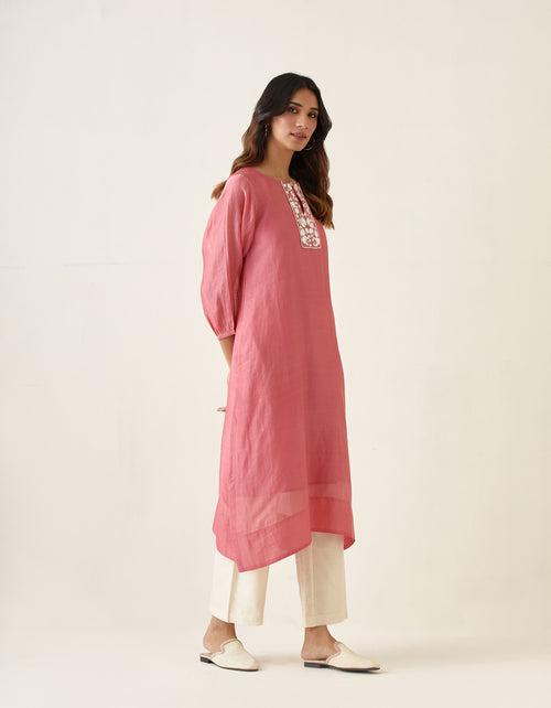 Embroidered A line Chanderi kurta in Rose Pink, with Off White Pants and Slip (Set of 3)