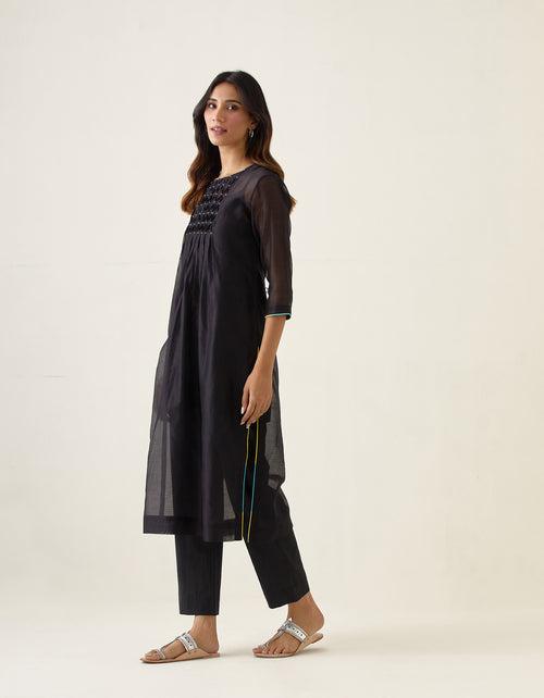 Black Chanderi Smocking Kurta with Cotton Pants & Color Bock Dupatta (Set of 4)