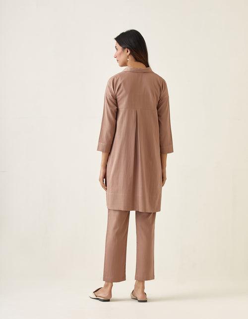 Coordinate Set- Embroidered Kurta with Pants in Taupe Cotton Glaze (Set of 2)