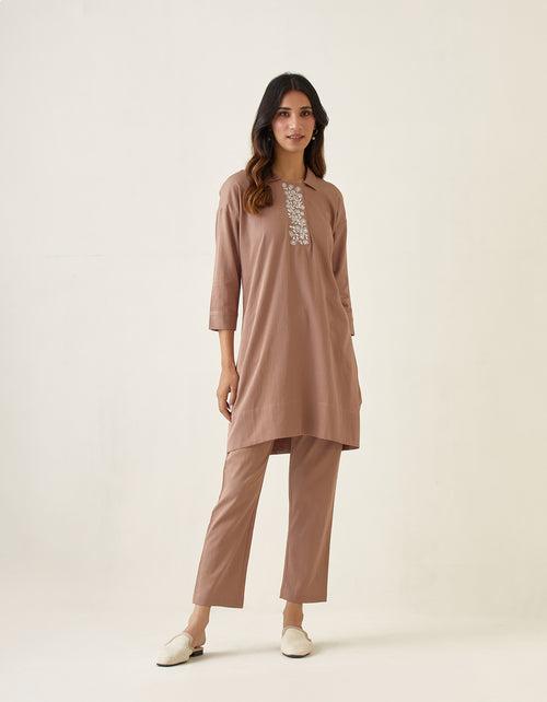 Coordinate Set- Embroidered Kurta with Pants in Taupe Cotton Glaze (Set of 2)