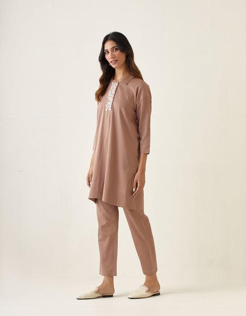 Coordinate Set- Embroidered Kurta with Pants in Taupe Cotton Glaze (Set of 2)