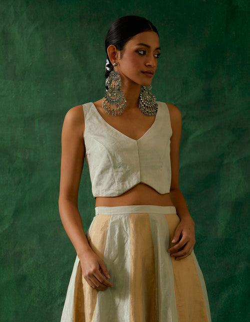 Coordinate Set- Waistcoat Top with Flared Skirt in Silver & Gold Zari Silk (Set of 2)