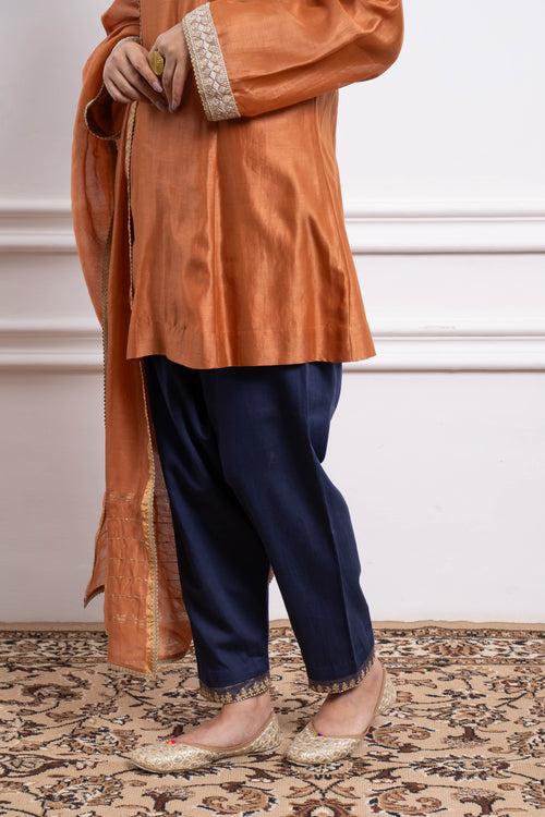 Saffron Brown Kurta with Blue Salwar and Dupatta in Chanderi Handloom (Set of 3)