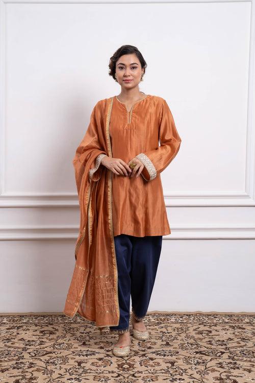 Saffron Brown Kurta with Blue Salwar and Dupatta in Chanderi Handloom (Set of 3)