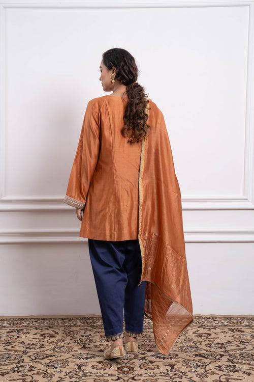 Saffron Brown Kurta with Blue Salwar and Dupatta in Chanderi Handloom (Set of 3)