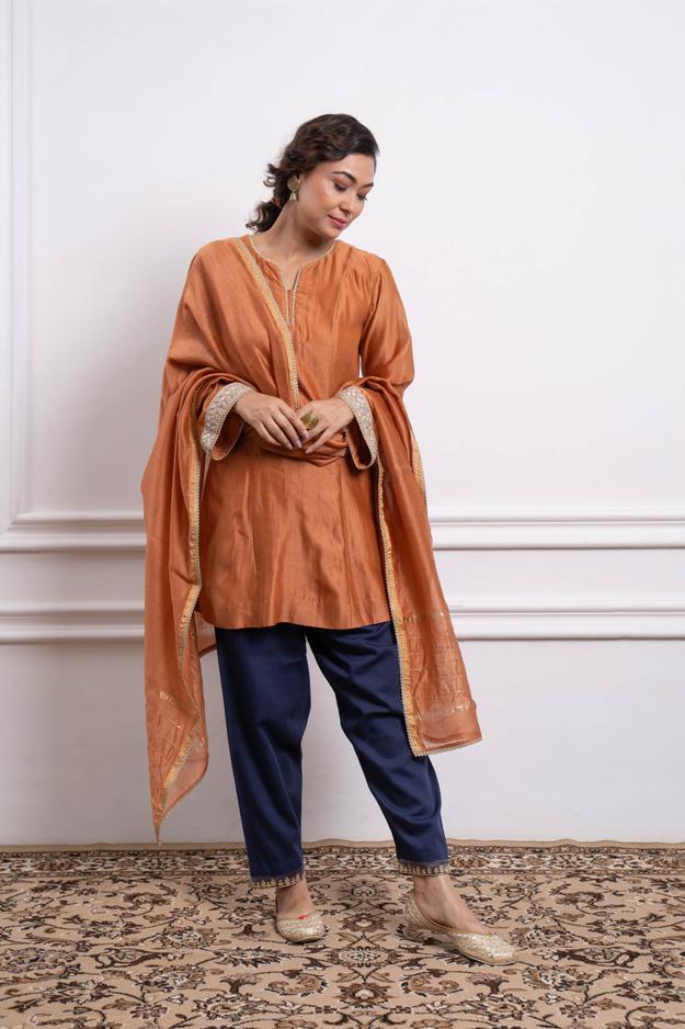 Saffron Brown Kurta with Blue Salwar and Dupatta in Chanderi Handloom (Set of 3)