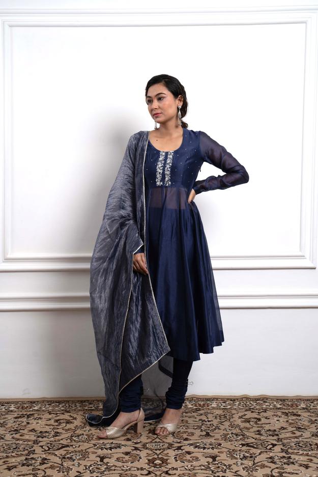 Embroidered Blue Chanderi Anarkali Kurta and Churidar (Set of 2)