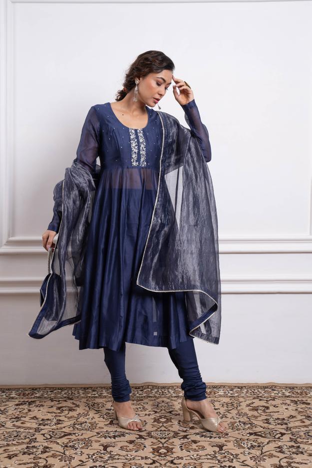 Embroidered Blue Chanderi Anarkali Kurta Set with Silver Zari Stripe Dupatta (Set of 3)