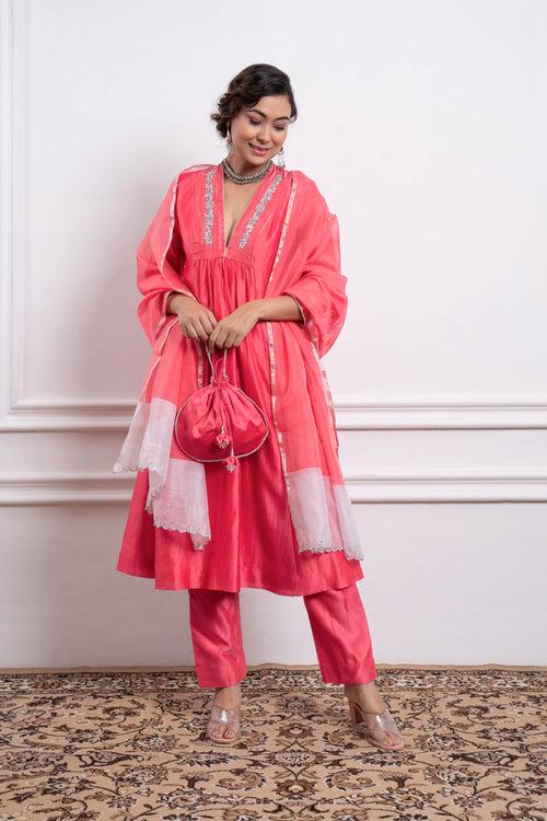 Embroidered Pink Chanderi Kurta & Pants  with Dupatta (Set of 3)