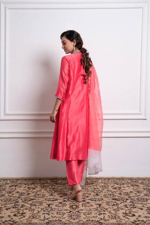 Embroidered Pink Chanderi Suit set (set of 2)