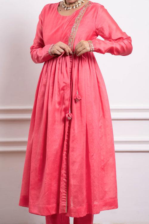 Embroidered Pink Anarkali with Pants in Chanderi Handloom (Set of 2)