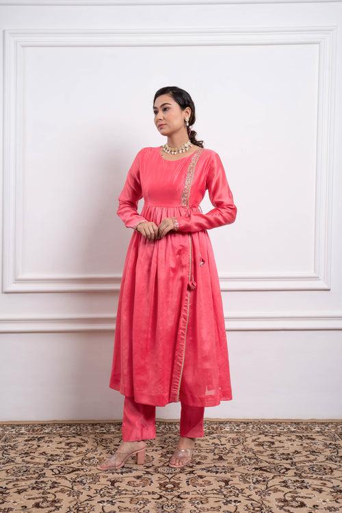 Embroidered Pink Anarkali with Pants in Chanderi Handloom (Set of 2)