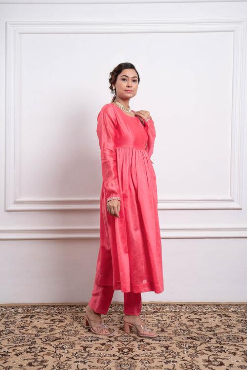 Embroidered Pink Anarkali with Pants in Chanderi Handloom (Set of 2)