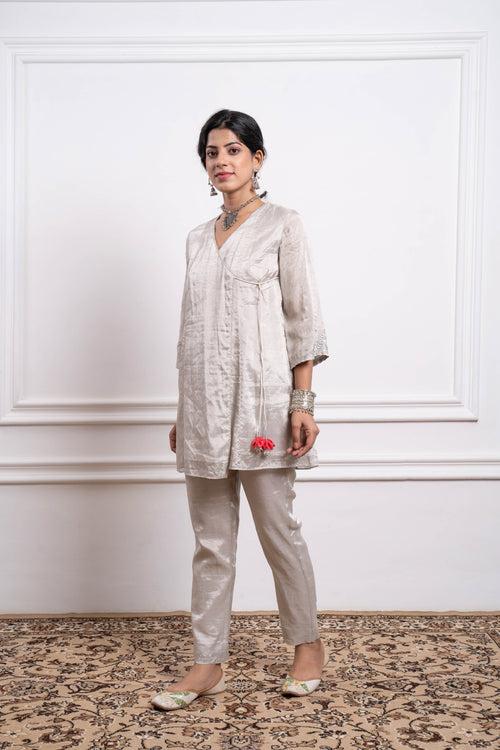 Embroidered Zari Silk Wrap Kurta with Pants Coord Set (Set of 2)