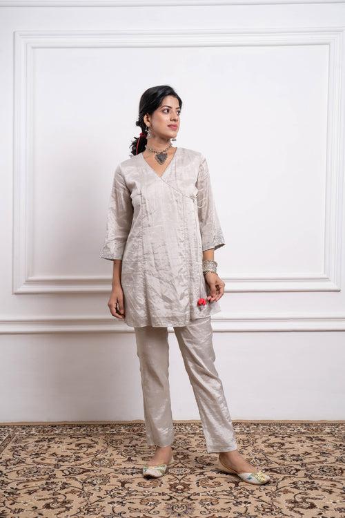 Embroidered Zari Silk Wrap Kurta with Pants Coord Set (Set of 2)