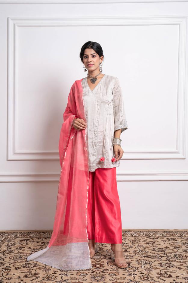 Embroidered Zari Wrap Kurta with Pink Chanderi Palazzo & Dupatta (Set of 3)