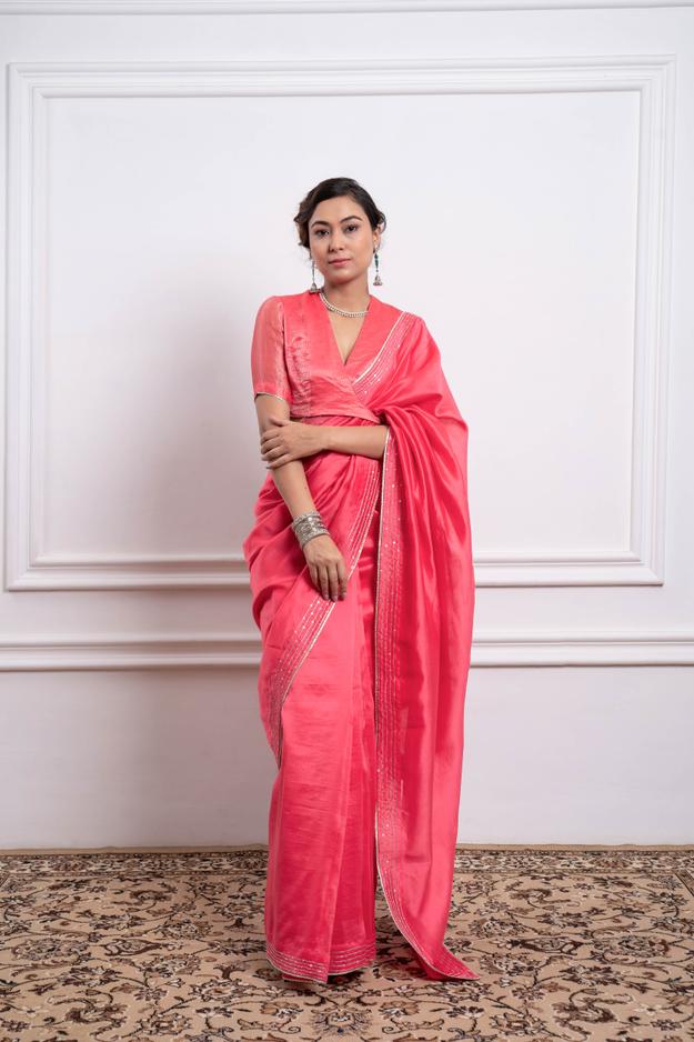 Embroidered Saree in Pink Chanderi Handloom