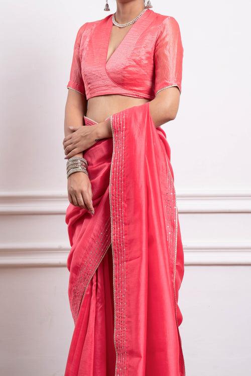 Embroidered Saree in Pink Chanderi Handloom