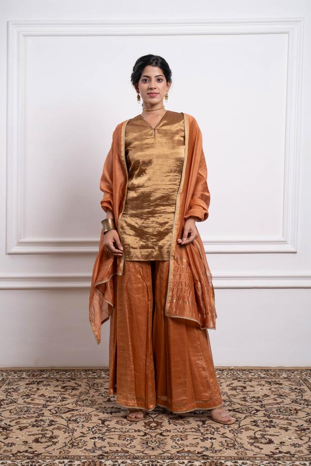 Gold Zari Silk Kurta with Stipe Sharara and Dupatta in Saffron Brown Chanderi Handloom (Set of 3)