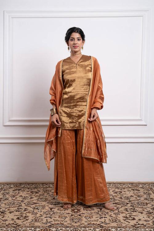 Gold Zari Silk Kurta with Stipe Sharara and Dupatta in Saffron Brown Chanderi Handloom (Set of 3)