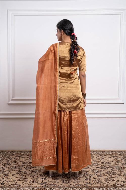 Gold Zari Silk Kurta with Stipe Sharara and Dupatta in Saffron Brown Chanderi Handloom (Set of 3)