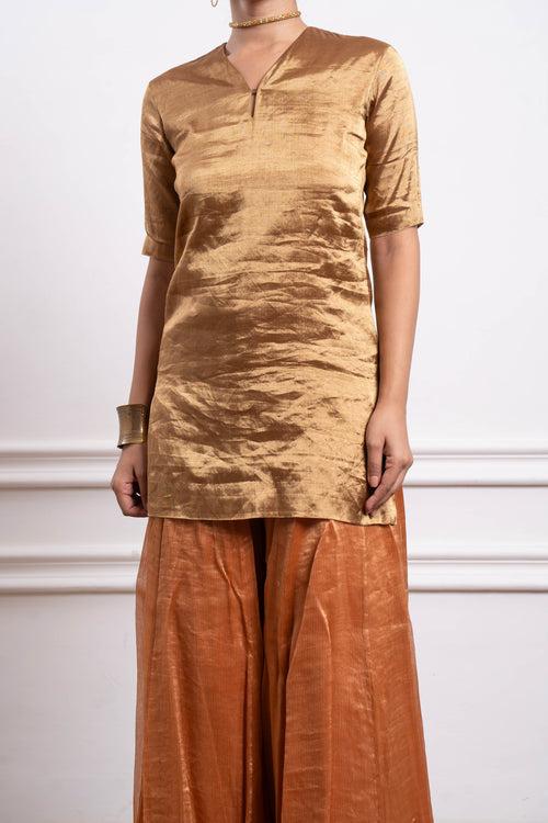 Gold Zari Silk Kurta with Stipe Sharara and Dupatta in Saffron Brown Chanderi Handloom (Set of 3)