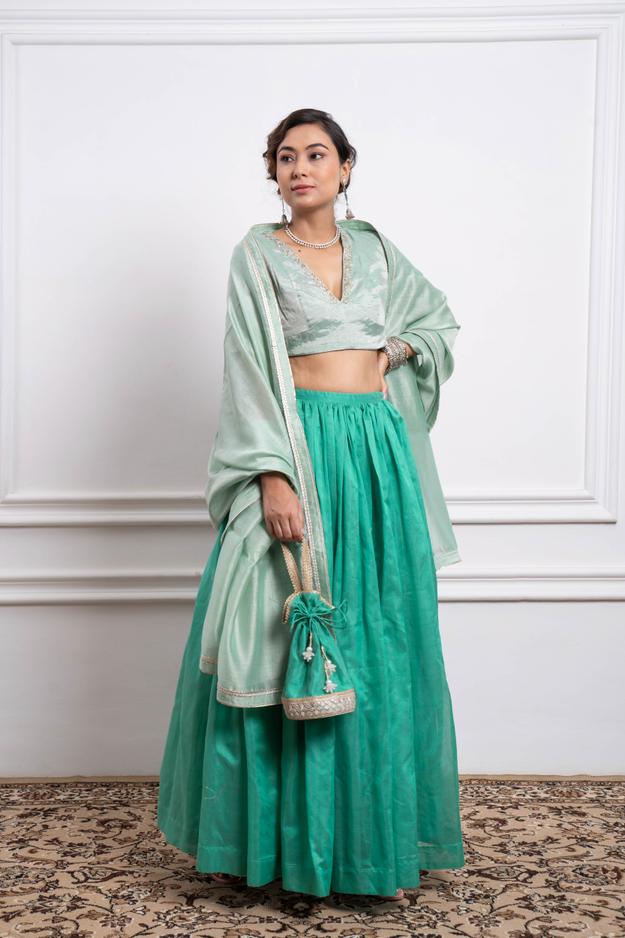 Aqua Green Chanderi Skirt with Embroidered Zari Blouse & Dupatta (Set of 3)