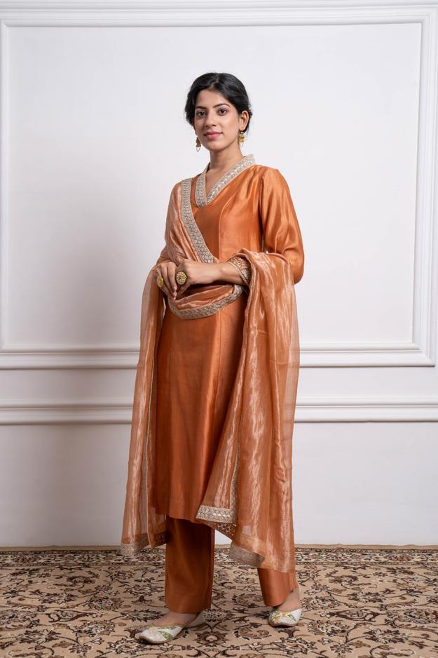 Saffron Brown Chanderi Kurta Set with Zari Striped Dupatta (Set of 3)