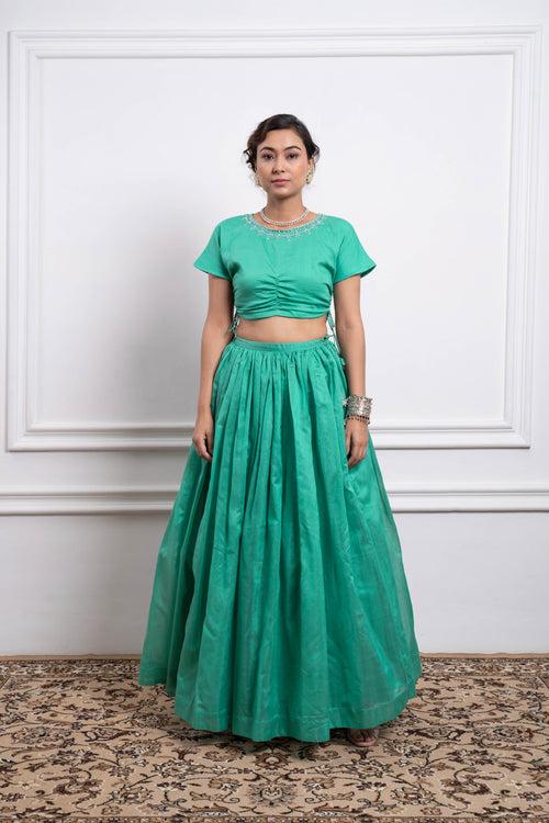 Embroidered Crop Top With Skirt in Aqua & Color Blocked Dupatta in Chanderi Handloom (Set of 3)