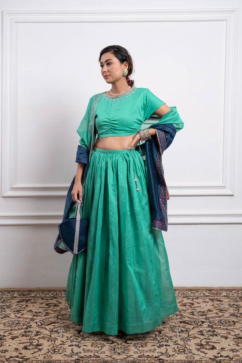 Embroidered Crop Top With Skirt in Aqua & Color Blocked Dupatta in Chanderi Handloom (Set of 3)