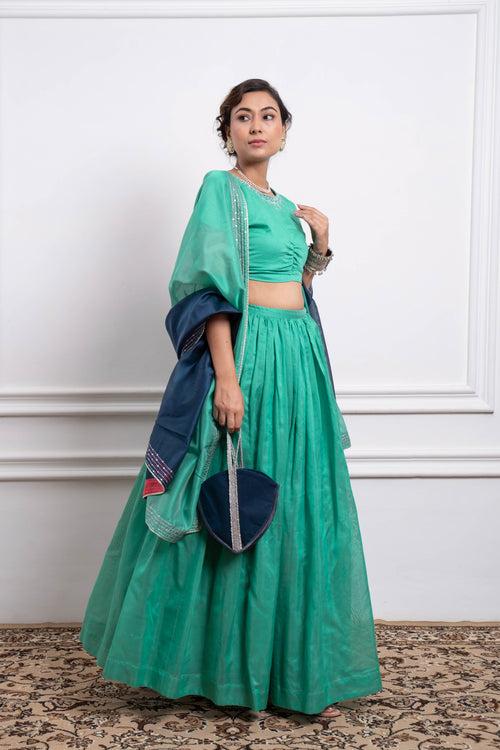 Embroidered Crop Top With Skirt in Aqua & Color Blocked Dupatta in Chanderi Handloom (Set of 3)