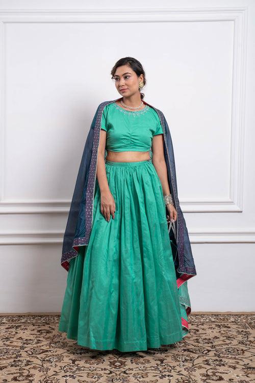 Embroidered Crop Top With Skirt in Aqua & Color Blocked Dupatta in Chanderi Handloom (Set of 3)