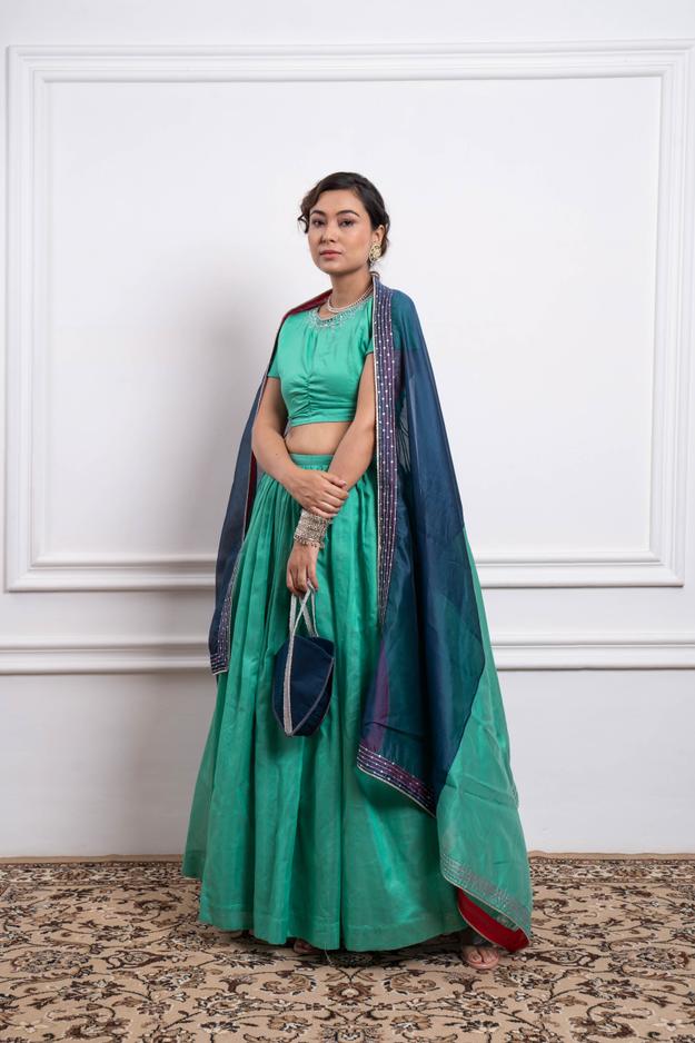 Embroidered Crop Top With Skirt in Aqua & Color Blocked Dupatta in Chanderi Handloom (Set of 3)