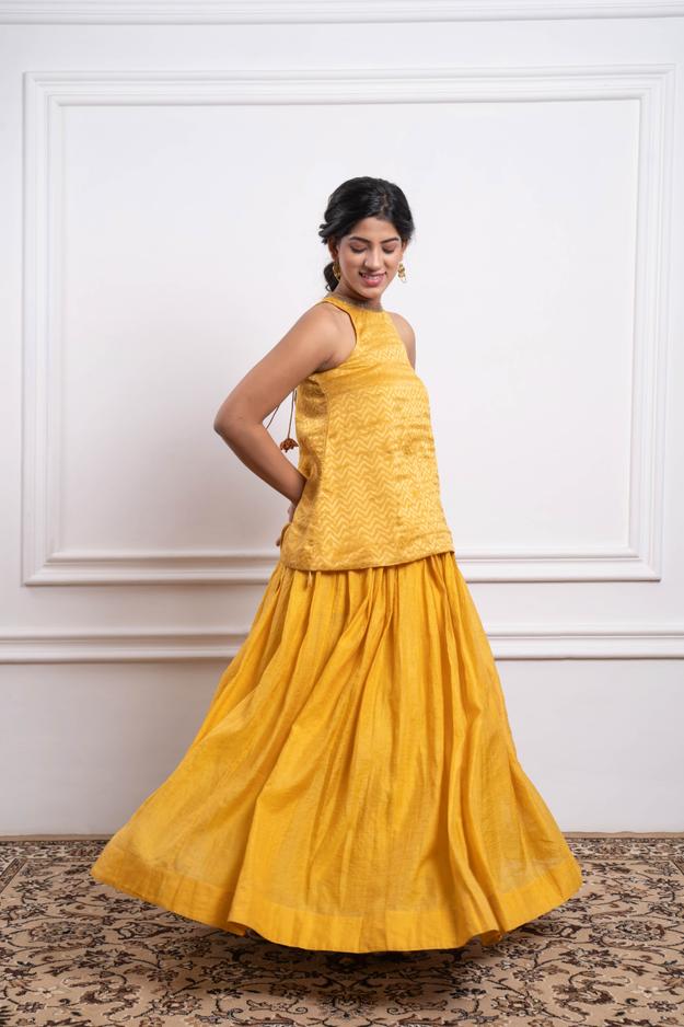 Yellow Gathered Skirt with Halter Neck Zari Weave Kurti in Chanderi Handloom (Set of 2)