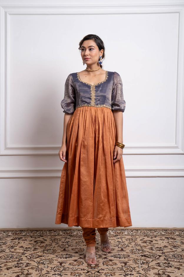 Blue & Saffron Brown Embroidered Anarkali with Cotton Glaze Churidar (Set of 2)