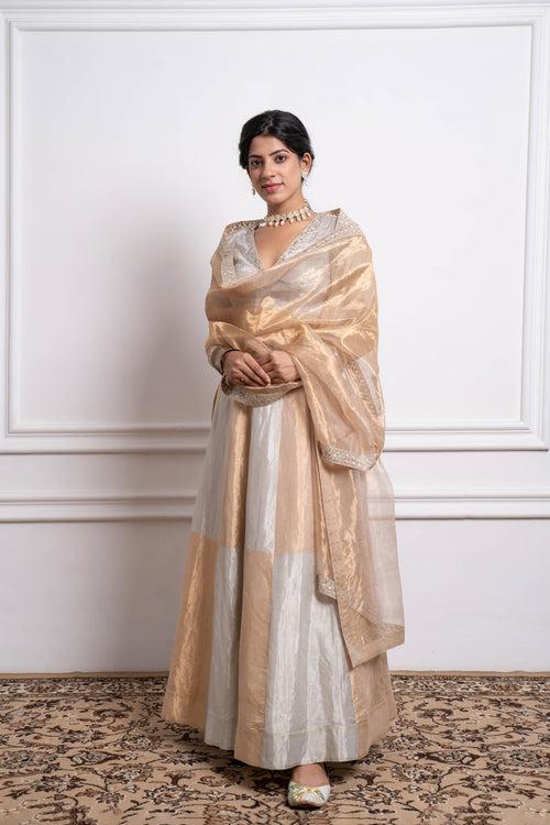 Silver & Gold Zari Silk Skirt with Embroidered Blouse, Tissue Dupatta (Set of 3)