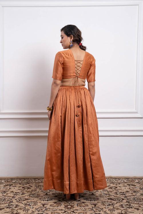 Chanderi Skirt Set in Saffron Brown, and  Zari Striped Dupatta with Lace Border (Set of 3)