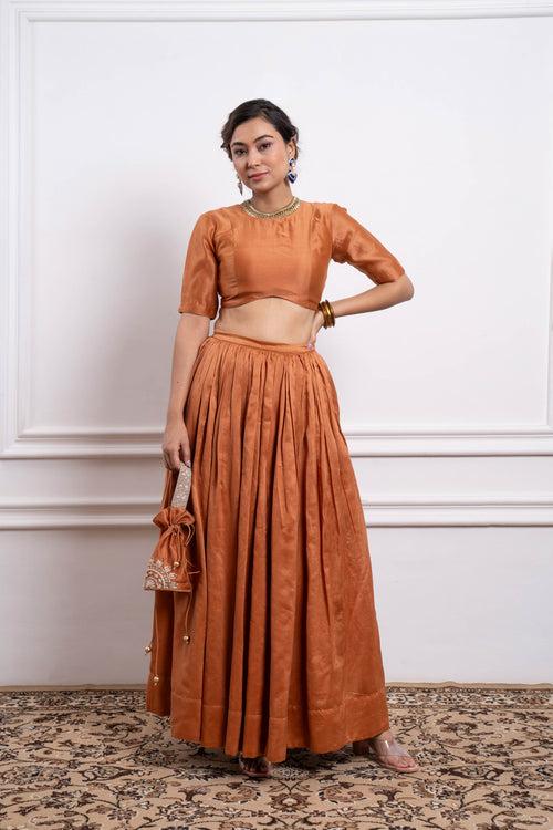 Chanderi Skirt Set in Saffron Brown, and  Zari Striped Dupatta with Lace Border (Set of 3)