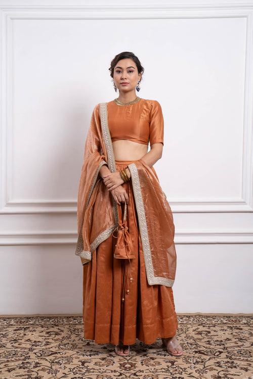 Chanderi Skirt Set in Saffron Brown, and  Zari Striped Dupatta with Lace Border (Set of 3)