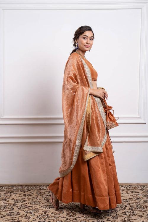 Chanderi Skirt Set in Saffron Brown, and  Zari Striped Dupatta with Lace Border (Set of 3)