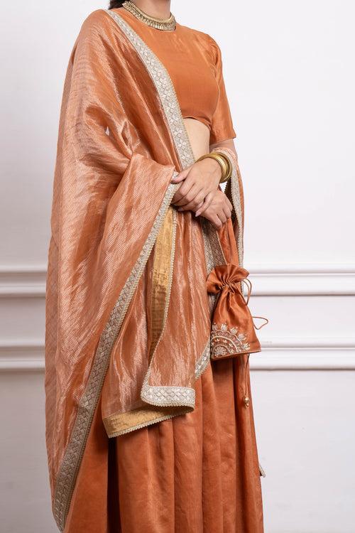 Chanderi Skirt Set in Saffron Brown, and  Zari Striped Dupatta with Lace Border (Set of 3)