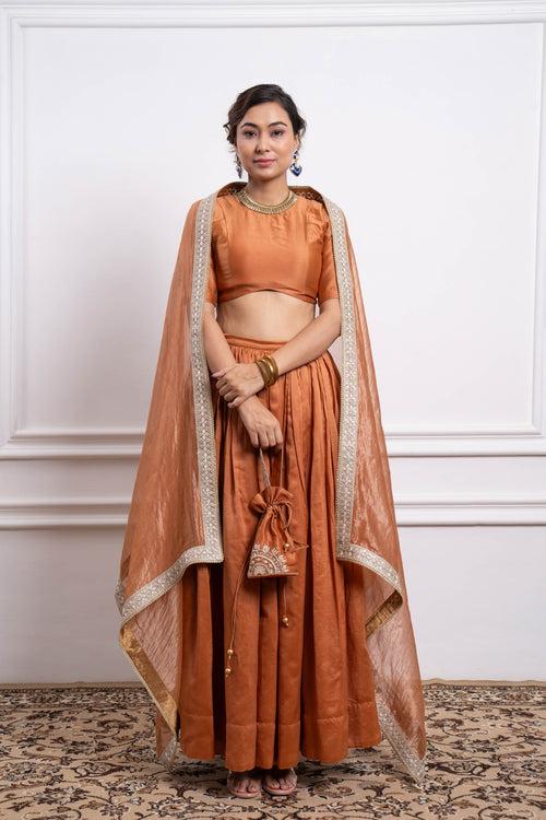 Chanderi Skirt Set in Saffron Brown, and  Zari Striped Dupatta with Lace Border (Set of 3)