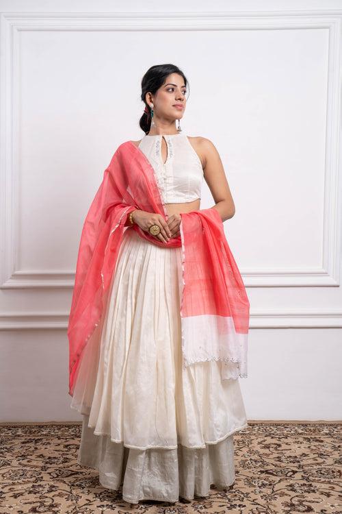 Ivory & Silver Zari Layerd Skirt, Blouse & Pink Chanderi Dupatta (Set of 3)