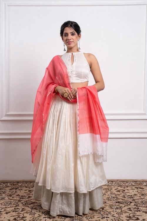 Ivory & Silver Zari Layerd Skirt, Blouse & Pink Chanderi Dupatta (Set of 3)