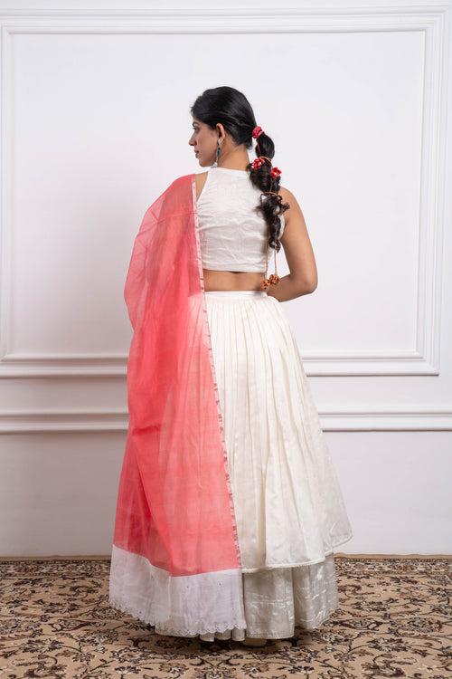 Ivory & Silver Zari Layerd Skirt, Blouse & Pink Chanderi Dupatta (Set of 3)