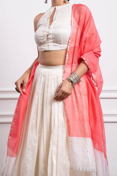 Ivory & Silver Zari Layerd Skirt, Blouse & Pink Chanderi Dupatta (Set of 3)