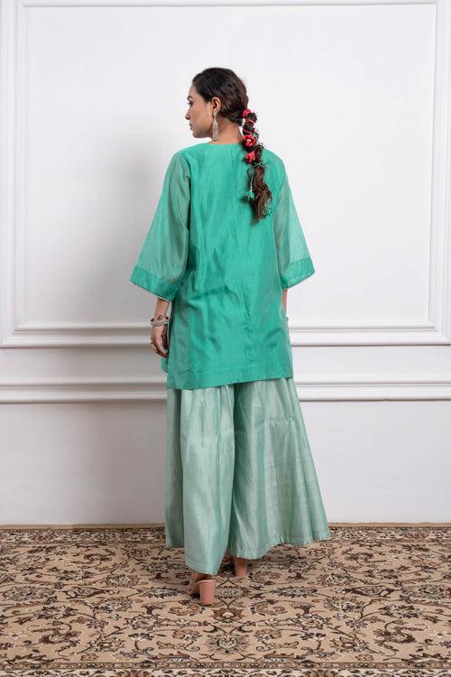 Aqua Short Kurta with Mint Flare Palazzo & Dupatta in Chanderi Handloom (Set of 3)